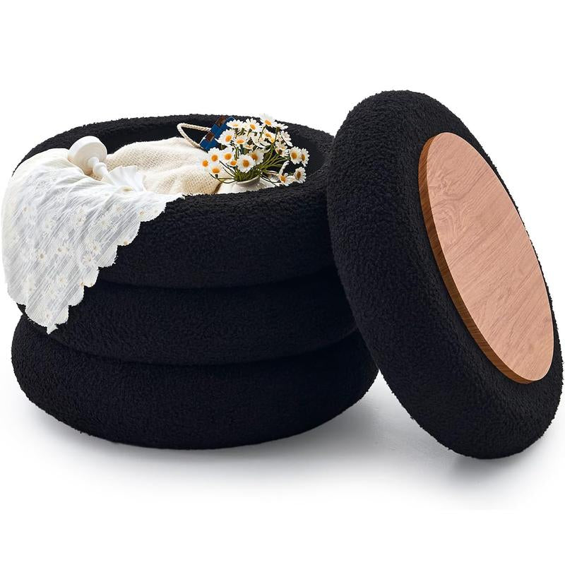 18In round Storage Ottoman, Modern Sherpa Footstool, Teddy Vanity Stool with Flip-Top Tray, Makeup Chair for Home Decor, Upholstered Footrest for Living Room & Bedroom