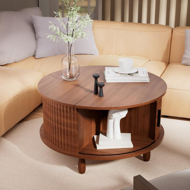 Honey Furniture Farmhouse Coffee Table with Storage,37In Wood round Center Table with Sliding Cabinet Door, for Home or Office,Brown