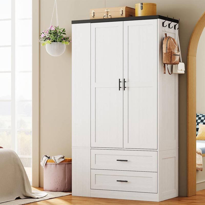 LIKIMIO Armoire Wardrobe Closet with Large Mirror, Storage Cabinet with 2 Doors and 2 Drawers, 2 Storage Shelves, 70" Wardrobe Cabinet for Bedroom