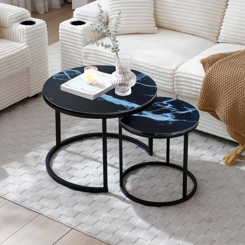 Holiday Special Nesting Coffee Tables Set of 2 Marble-Look round Tables Space-Saving Durable MDF & Metal Construction Easy Assembly for Living Room or Bedroom