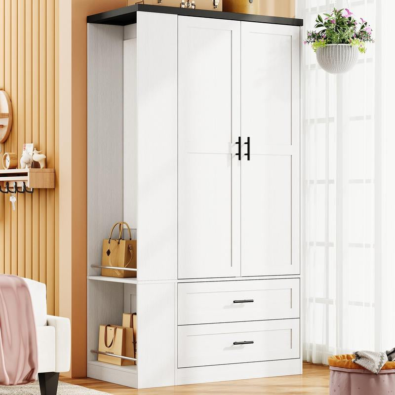 LIKIMIO Armoire Wardrobe Closet with Large Mirror, Storage Cabinet with 2 Doors and 2 Drawers, 2 Storage Shelves, 70" Wardrobe Cabinet for Bedroom