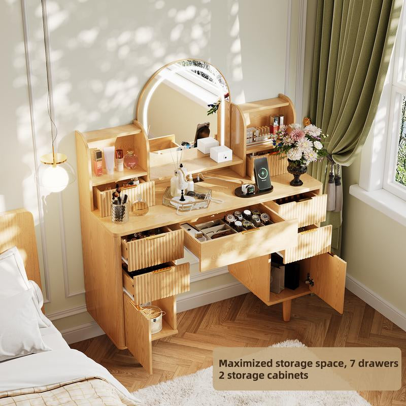 TOKSOM Makeup Vanity Desk with Mirror and Lights Natural Wood Color Black Vanity Table with Glass Top Power Outlet Stool,Makeup Desk with 7 Drawers and 2 Storage Shelves,Dressing Table for Bedroom Women