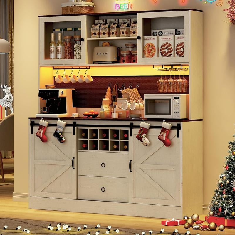 74" Farmhouse Kitchen Pantry Storage Cabinet with LED Light & Charging Station, 63" W Coffee Bar Cabinet Kitchen Cupboard with Hutch and Sliding Barn Doors, Pegboard