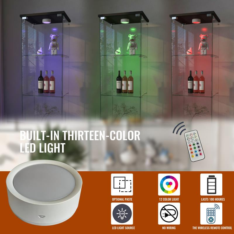 Modern Glass Display Cabinet with LED Lights, Quick-Assembly Antique Cabinet, Tempered Glass Bookshelf, Suitable for Living Room and Bedrooms, 1-Door 4-Shelf, Black