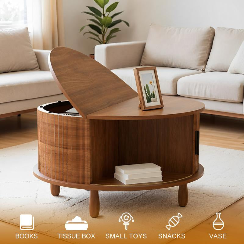 Honey Furniture Farmhouse Coffee Table with Storage,37In Wood round Center Table with Sliding Cabinet Door, for Home or Office,Brown