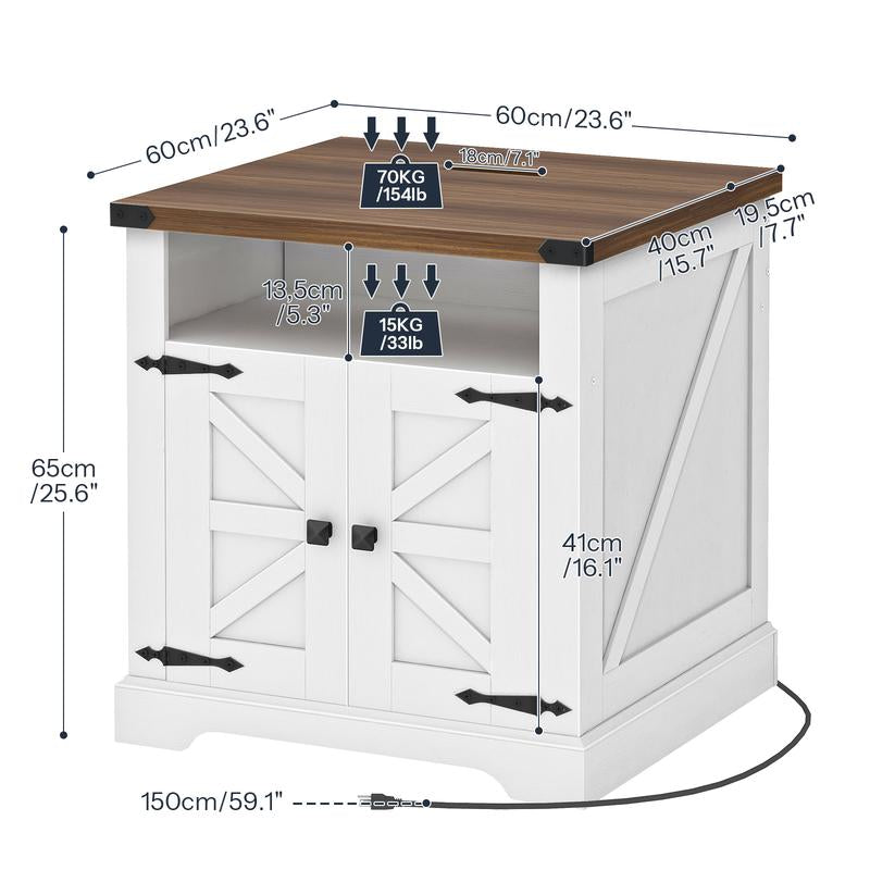 HOOBRO Farmhouse End Table with Charging Station, 23.6" Large End Tables for Living Room, Sofa Side Table with Barn Door, Wooden Square Nightstand Bedside Table, Flip Top, White and Walnut