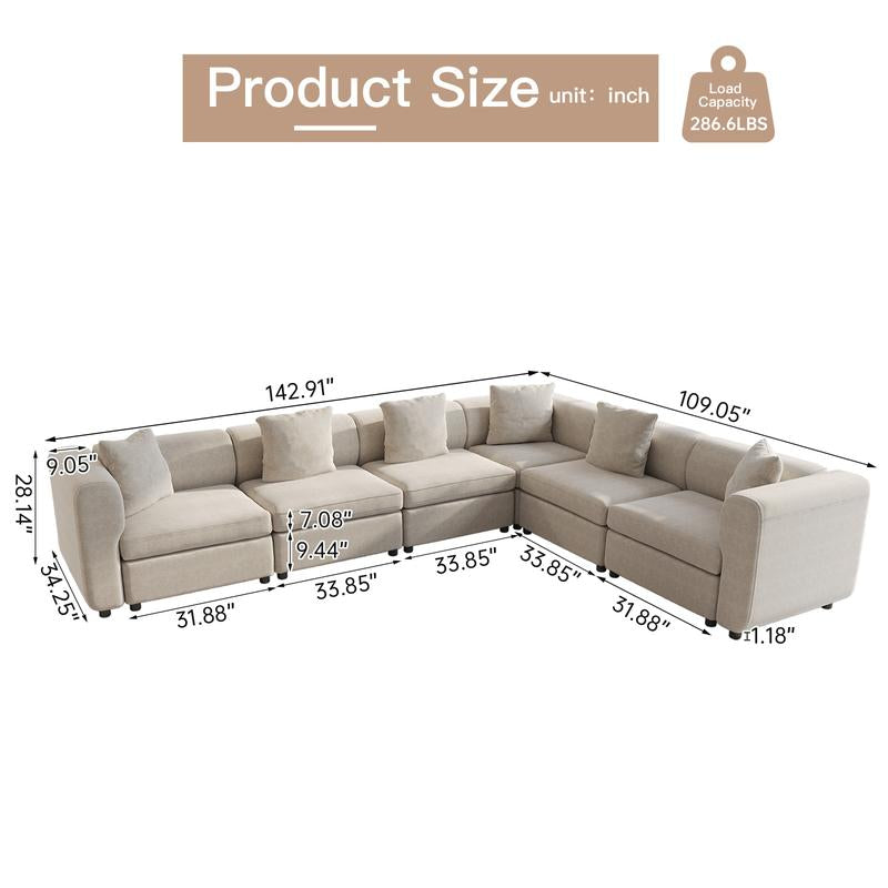 Guyii Modern L-Shaped Velvet Sectional Sofa - 4/5/6/7/8/9 Piece Oversized Seater with 4-7 Pillows, Convertible with Cushions, Stylish Modular Couch for Living Room & Apartment