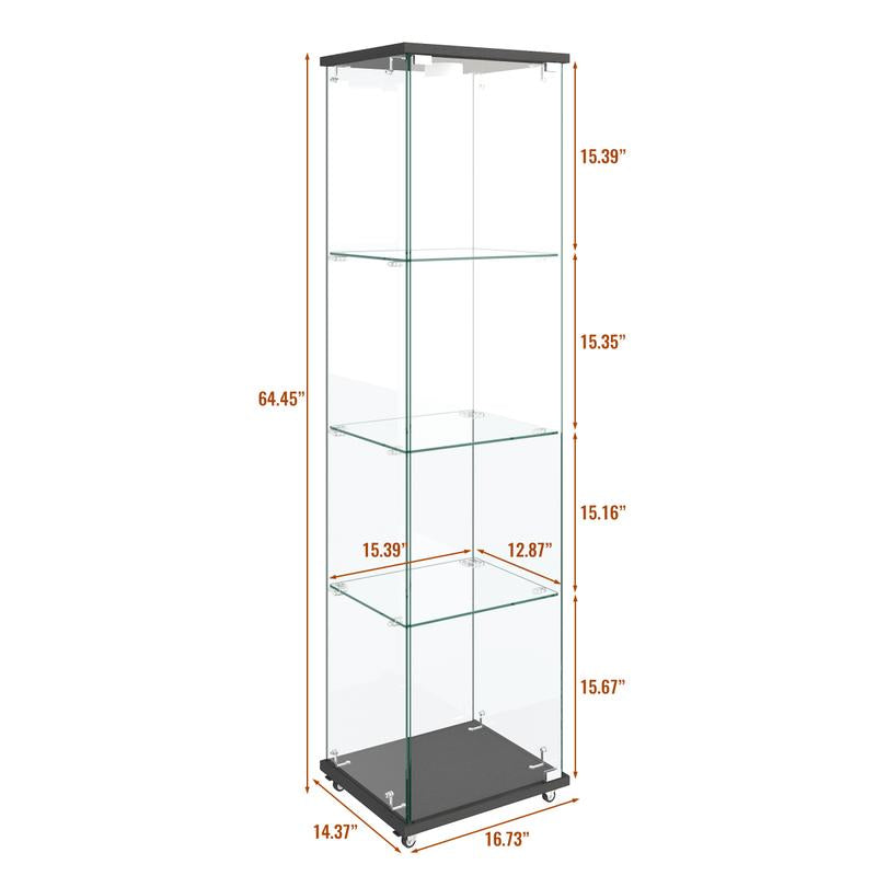 Modern Glass Display Cabinet with LED Lights, Quick-Assembly Antique Cabinet, Tempered Glass Bookshelf, Suitable for Living Room and Bedrooms, 1-Door 4-Shelf, Black