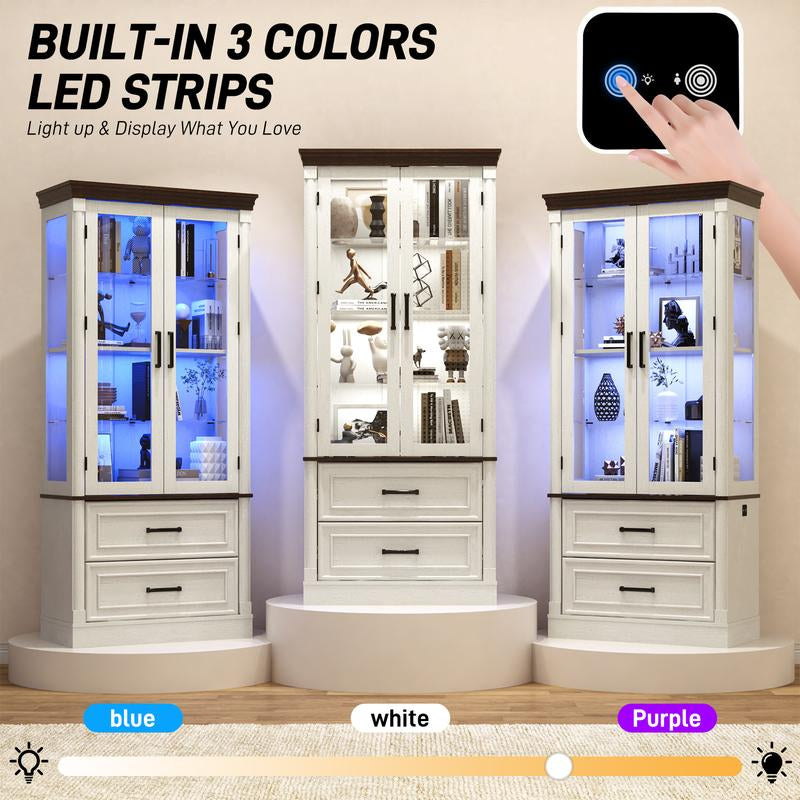 71" Tall Display Cabinet with Glass Doors, 4-Tier Lighted Curio Cabinets with 2 Storage Drawers and Metal Handle for Living Room, Home, Kitchen, White/Brown