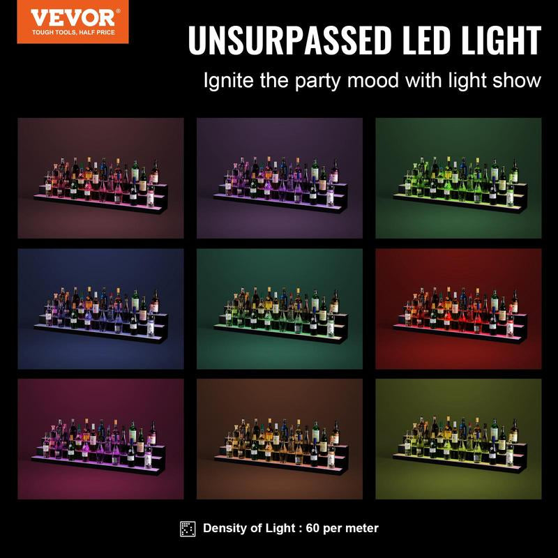 VEVOR LED Lighted Liquor Bottle Display, Tiktokshopblackfriday, 3 Tiers 60 Inch Commercial Illuminated Home Bar Shelf, 3 Steps Whiskey Rack Stand, Acrylic Drink Shelves with RF Remote & App Control, and Multicolor Lighting