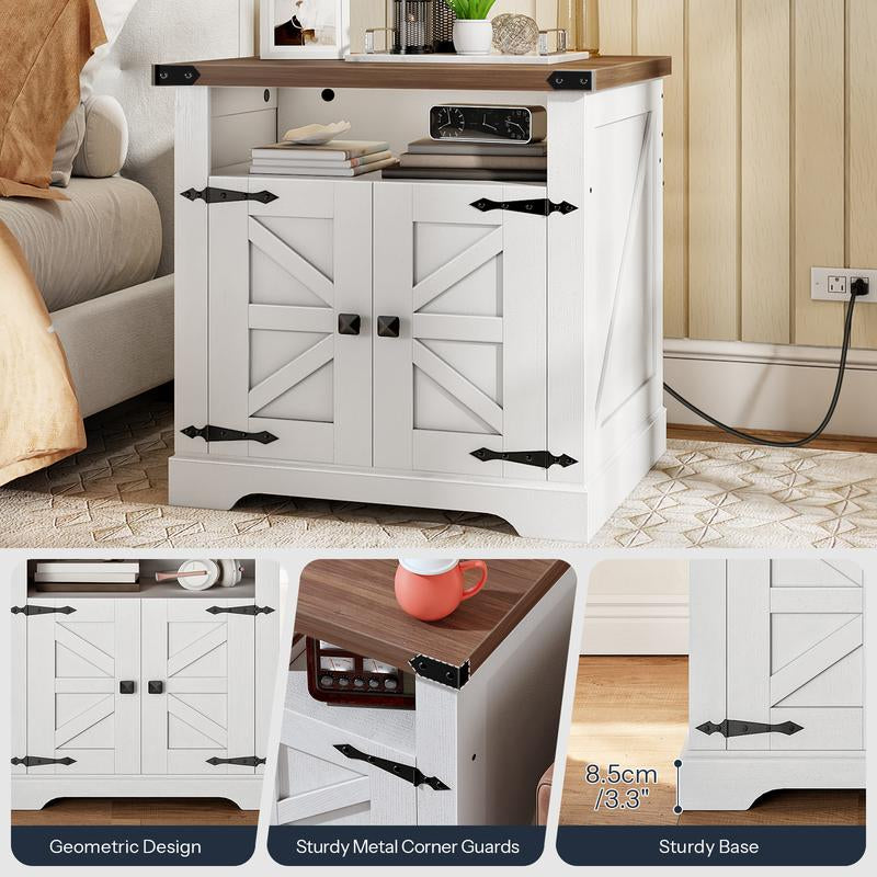 HOOBRO Farmhouse End Table with Charging Station, 23.6" Large End Tables for Living Room, Sofa Side Table with Barn Door, Wooden Square Nightstand Bedside Table, Flip Top, White and Walnut