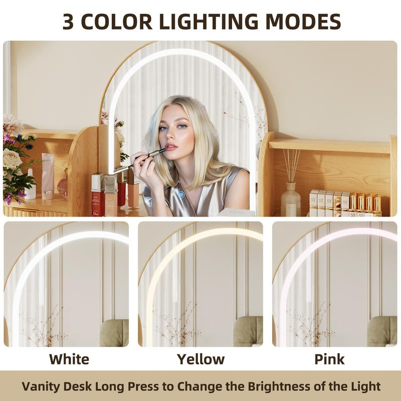 TOKSOM Makeup Vanity Desk with Mirror and Lights Natural Wood Color Black Vanity Table with Glass Top Power Outlet Stool,Makeup Desk with 7 Drawers and 2 Storage Shelves,Dressing Table for Bedroom Women