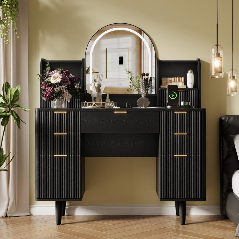 TOKSOM Makeup Vanity Desk with Mirror and Lights Natural Wood Color Black Vanity Table with Glass Top Power Outlet Stool,Makeup Desk with 7 Drawers and 2 Storage Shelves,Dressing Table for Bedroom Women