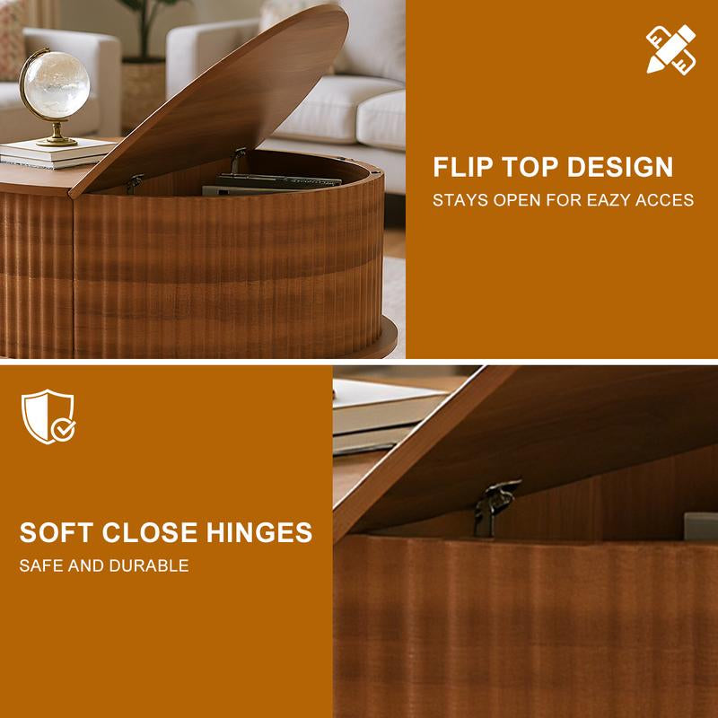 Honey Furniture Farmhouse Coffee Table with Storage,37In Wood round Center Table with Sliding Cabinet Door, for Home or Office,Brown