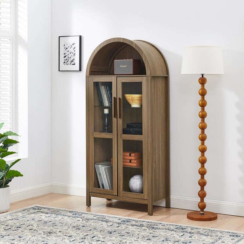 Niccae a High Arched Storage Cabinet with a Lamp, a Modern Retro-Style Wooden Storage Cabinet with Adjustable Glass Partitions, Suitable for Use as a Multi-Functional Cabinet in Kitchens-Black