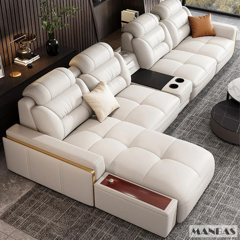 MANBAS Premium Italian Genuine Leather Sectional Sofa Set – Modern Living Room Couch with Adjustable Headrests, USB Charging Ports & Built-In Bluetooth Speaker