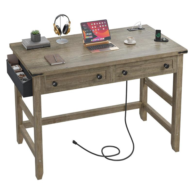 Raybeefurniture Wood Computer Desk, Small Desk with Power Outlet, Home Office Desks, Study Desks with Storage Bag for Bedroom,Home Office Gaming