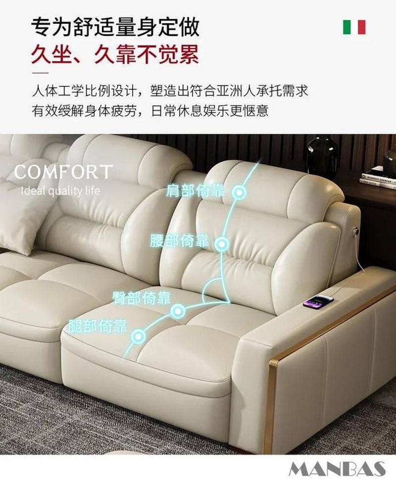 MANBAS Premium Italian Genuine Leather Sectional Sofa Set – Modern Living Room Couch with Adjustable Headrests, USB Charging Ports & Built-In Bluetooth Speaker