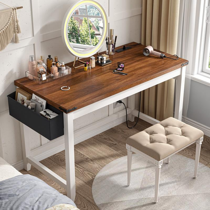 Raybeefurniture Wood Computer Desk, Small Desk with Power Outlet, Home Office Desks, Study Desks with Storage Bag for Bedroom,Home Office Gaming