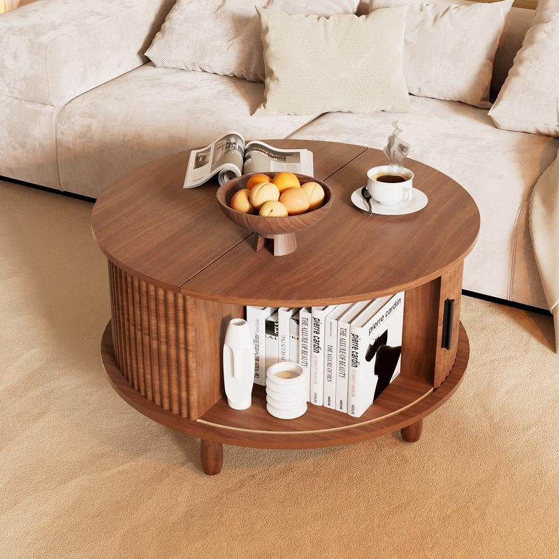 Honey Furniture Farmhouse Coffee Table with Storage,37In Wood round Center Table with Sliding Cabinet Door, for Home or Office,Brown