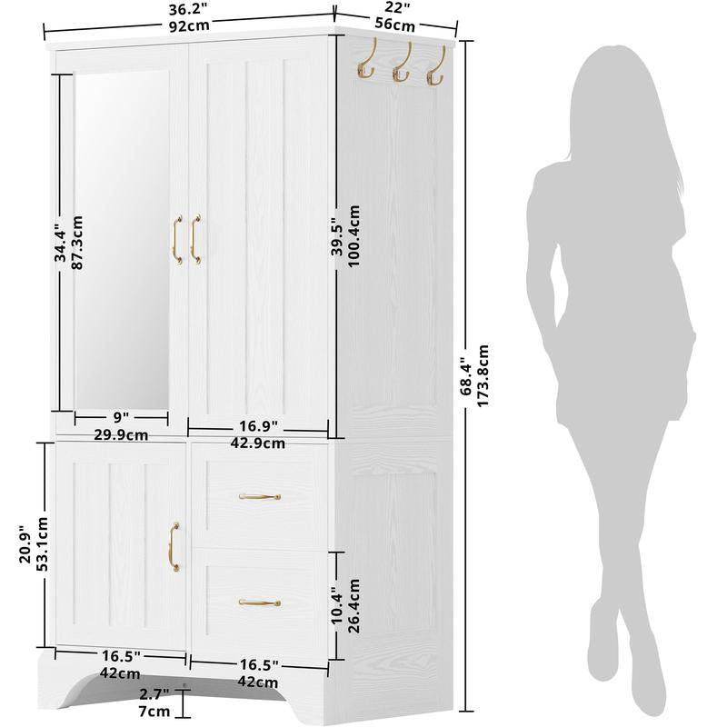 LIKIMIO Armoire Wardrobe Closet with Large Mirror, Storage Cabinet with 2 Doors and 2 Drawers, 2 Storage Shelves, 70" Wardrobe Cabinet for Bedroom