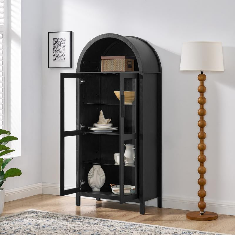 Niccae a High Arched Storage Cabinet with a Lamp, a Modern Retro-Style Wooden Storage Cabinet with Adjustable Glass Partitions, Suitable for Use as a Multi-Functional Cabinet in Kitchens-Black