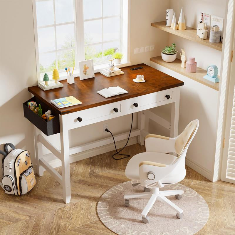 Raybeefurniture Wood Computer Desk, Small Desk with Power Outlet, Home Office Desks, Study Desks with Storage Bag for Bedroom,Home Office Gaming