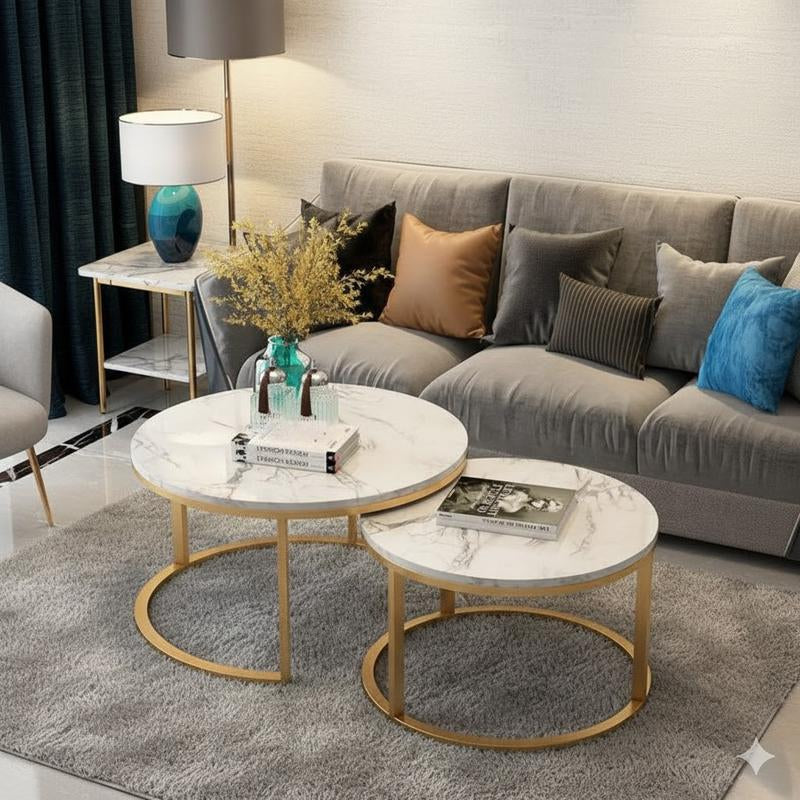 Holiday Special Nesting Coffee Tables Set of 2 Marble-Look round Tables Space-Saving Durable MDF & Metal Construction Easy Assembly for Living Room or Bedroom