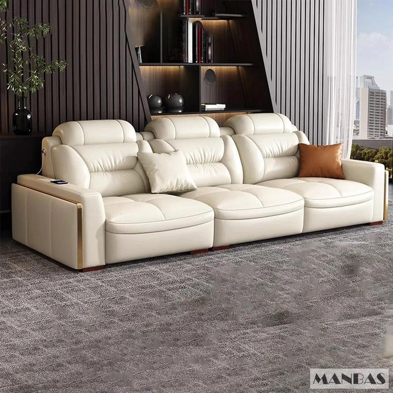 MANBAS Premium Italian Genuine Leather Sectional Sofa Set – Modern Living Room Couch with Adjustable Headrests, USB Charging Ports & Built-In Bluetooth Speaker