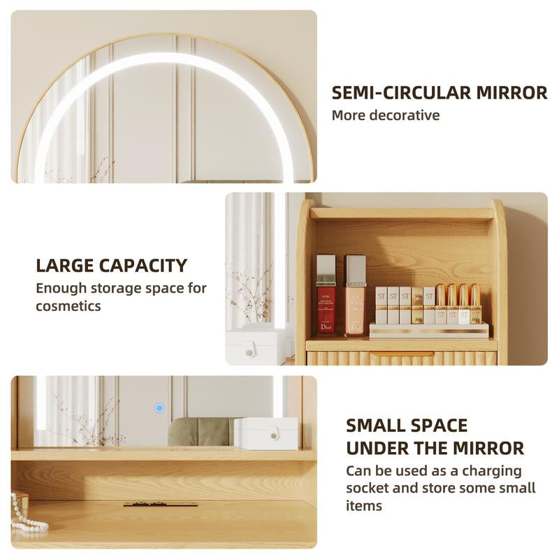 TOKSOM Makeup Vanity Desk with Mirror and Lights Natural Wood Color Black Vanity Table with Glass Top Power Outlet Stool,Makeup Desk with 7 Drawers and 2 Storage Shelves,Dressing Table for Bedroom Women