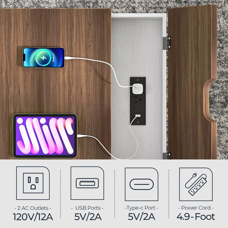 HOOBRO Farmhouse End Table with Charging Station, 23.6" Large End Tables for Living Room, Sofa Side Table with Barn Door, Wooden Square Nightstand Bedside Table, Flip Top, White and Walnut