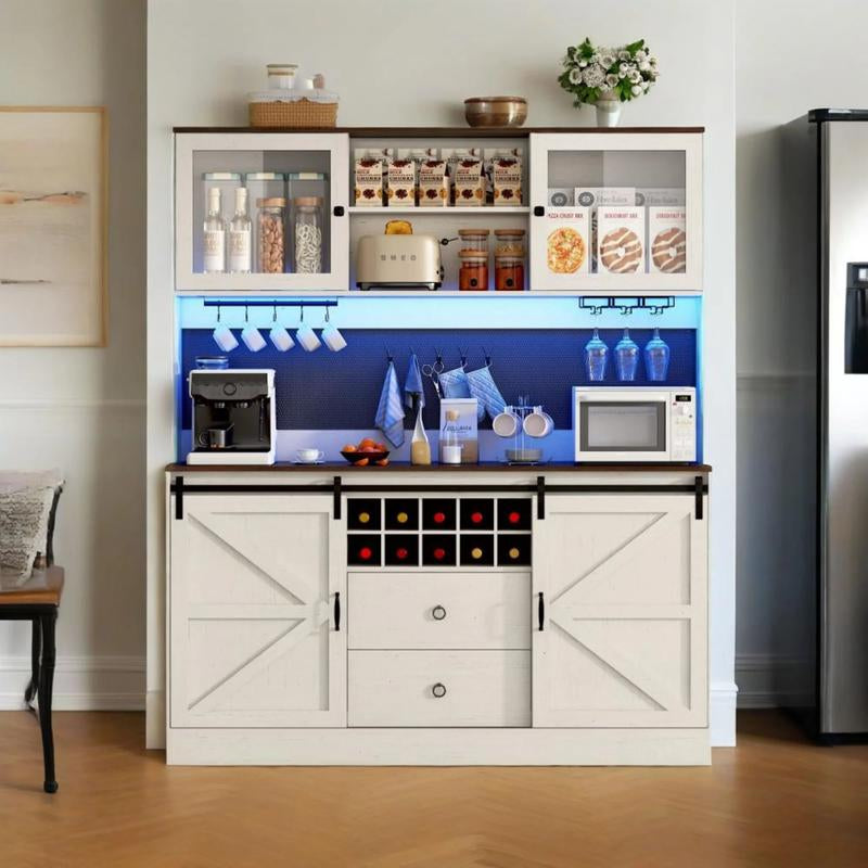 74" Farmhouse Kitchen Pantry Storage Cabinet with LED Light & Charging Station, 63" W Coffee Bar Cabinet Kitchen Cupboard with Hutch and Sliding Barn Doors, Pegboard