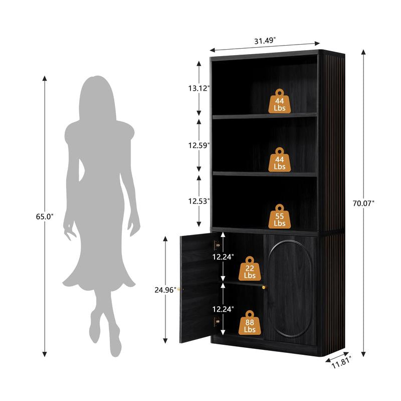 Giratree 70" Tall Bookshelf, 5 Tier Large Wood Bookcase with Doors, Modern Floor Standing Bookshelves and Bookcases, Open Display Shelves with Storage Cabinet for Living Room, Bedroom, Classroom, Office