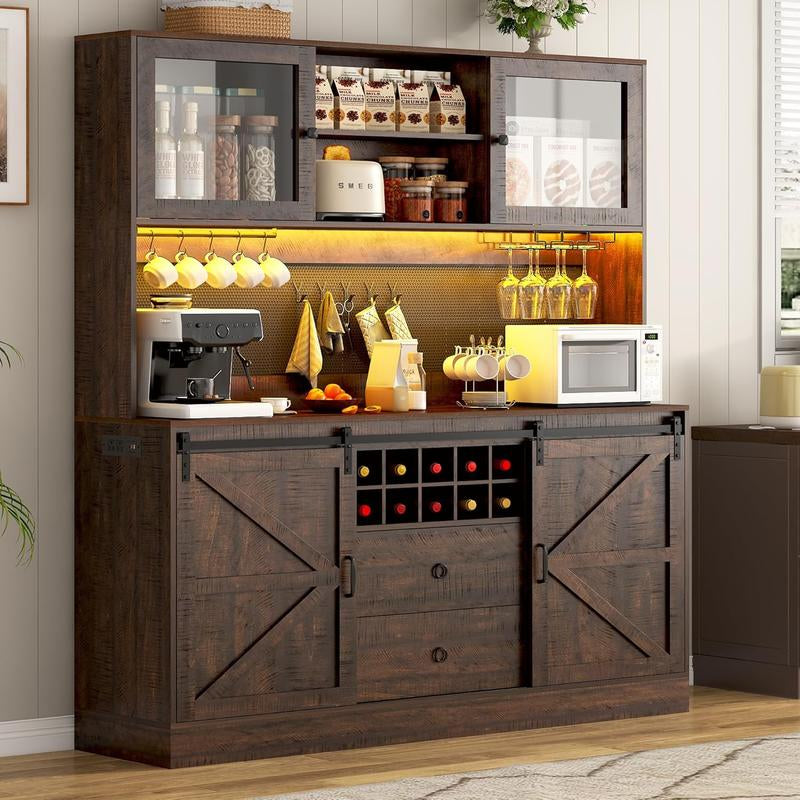74" Farmhouse Kitchen Pantry Storage Cabinet with LED Light & Charging Station, 63" W Coffee Bar Cabinet Kitchen Cupboard with Hutch and Sliding Barn Doors, Pegboard