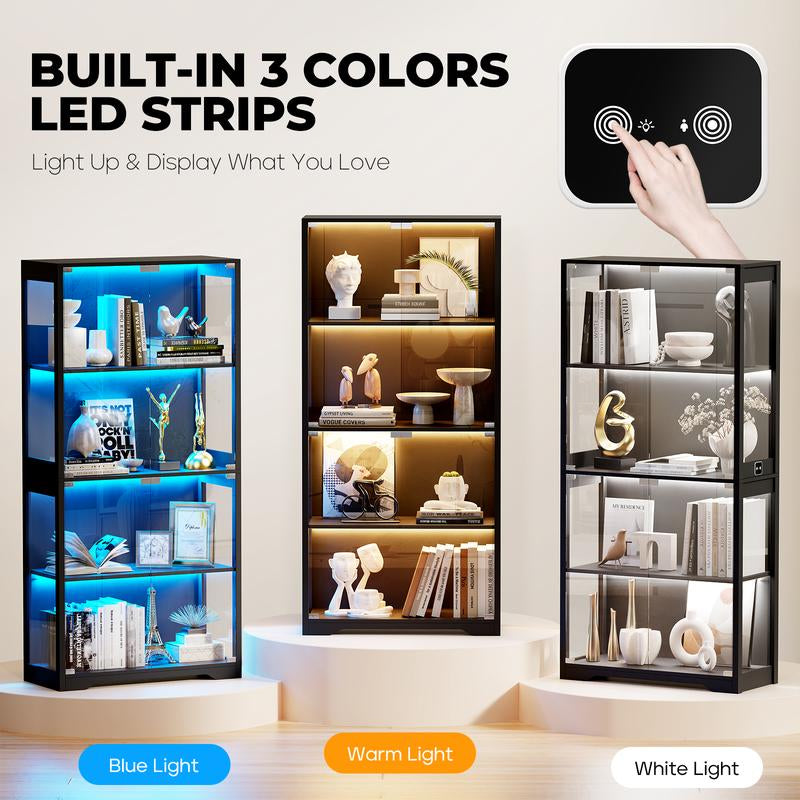 Brottar Display Cabinet with Glass Doors, Storage Cabinet with 3 Color Light, 4-Tier Curio Cabinet&Bookcase for Collectibles, Toys, Books, for Playroom, Bedroom, Study Room, Black