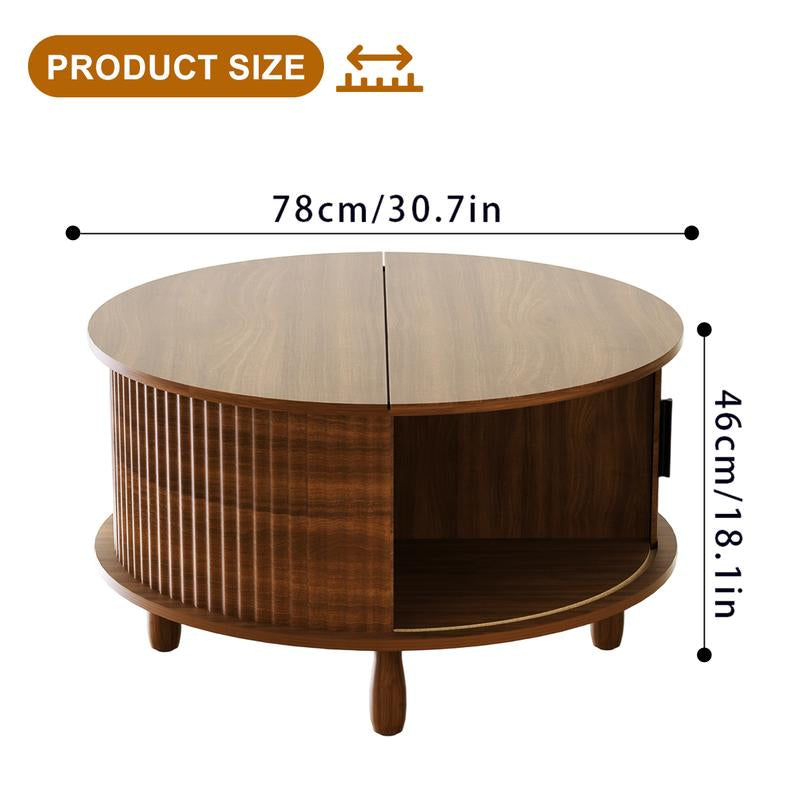 Honey Furniture Farmhouse Coffee Table with Storage,37In Wood round Center Table with Sliding Cabinet Door, for Home or Office,Brown
