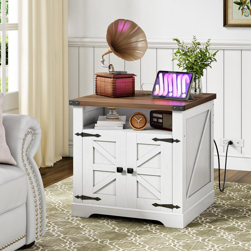 HOOBRO Farmhouse End Table with Charging Station, 23.6" Large End Tables for Living Room, Sofa Side Table with Barn Door, Wooden Square Nightstand Bedside Table, Flip Top, White and Walnut