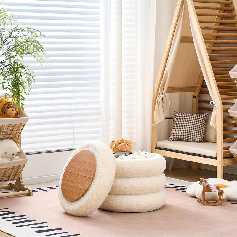 18In round Storage Ottoman, Modern Sherpa Footstool, Teddy Vanity Stool with Flip-Top Tray, Makeup Chair for Home Decor, Upholstered Footrest for Living Room & Bedroom