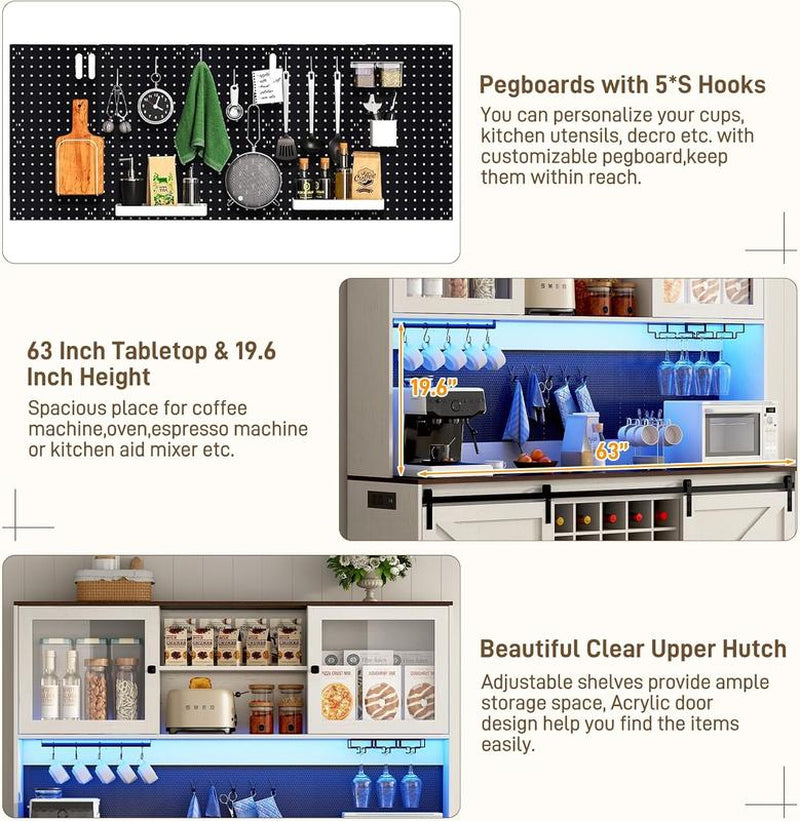 74" Farmhouse Kitchen Pantry Storage Cabinet with LED Light & Charging Station, 63" W Coffee Bar Cabinet Kitchen Cupboard with Hutch and Sliding Barn Doors, Pegboard