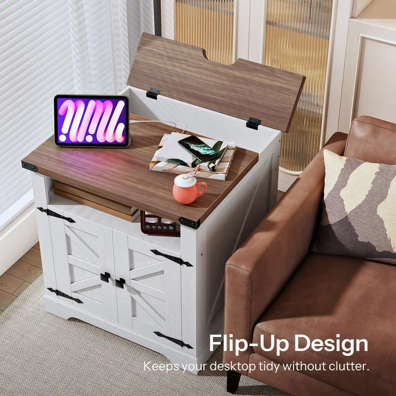 HOOBRO Farmhouse End Table with Charging Station, 23.6" Large End Tables for Living Room, Sofa Side Table with Barn Door, Wooden Square Nightstand Bedside Table, Flip Top, White and Walnut