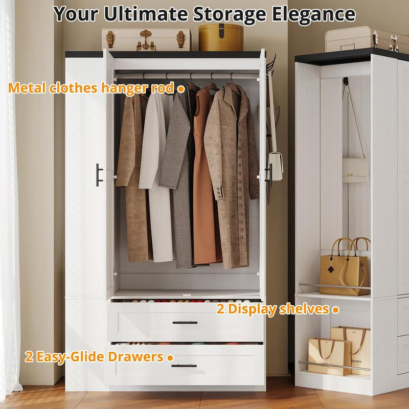 LIKIMIO Armoire Wardrobe Closet with Large Mirror, Storage Cabinet with 2 Doors and 2 Drawers, 2 Storage Shelves, 70" Wardrobe Cabinet for Bedroom