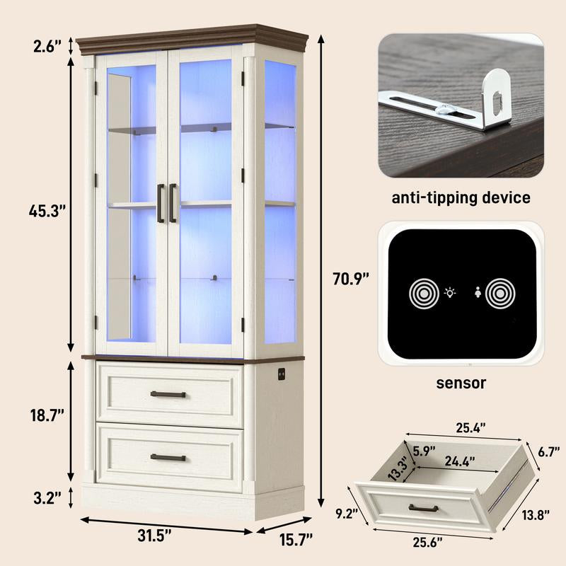71" Tall Display Cabinet with Glass Doors, 4-Tier Lighted Curio Cabinets with 2 Storage Drawers and Metal Handle for Living Room, Home, Kitchen, White/Brown