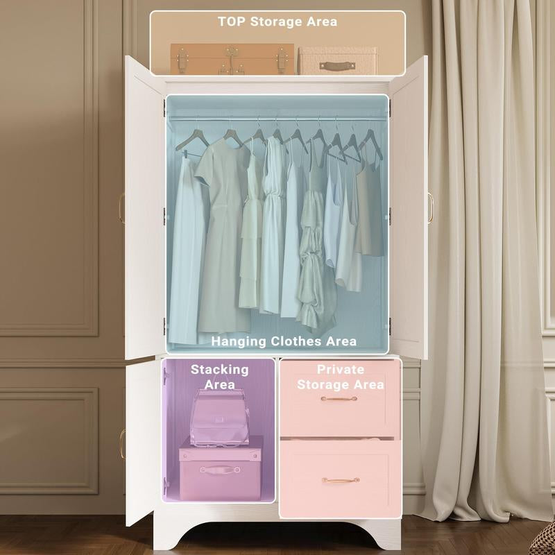 LIKIMIO Armoire Wardrobe Closet with Large Mirror, Storage Cabinet with 2 Doors and 2 Drawers, 2 Storage Shelves, 70" Wardrobe Cabinet for Bedroom