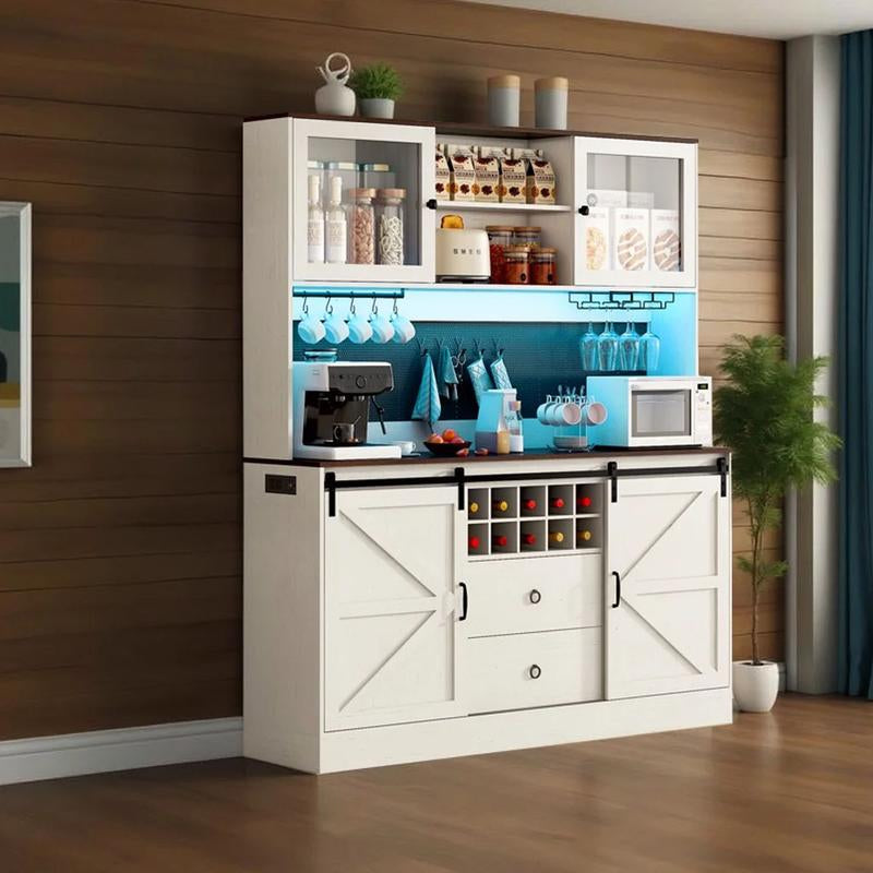 74" Farmhouse Kitchen Pantry Storage Cabinet with LED Light & Charging Station, 63" W Coffee Bar Cabinet Kitchen Cupboard with Hutch and Sliding Barn Doors, Pegboard