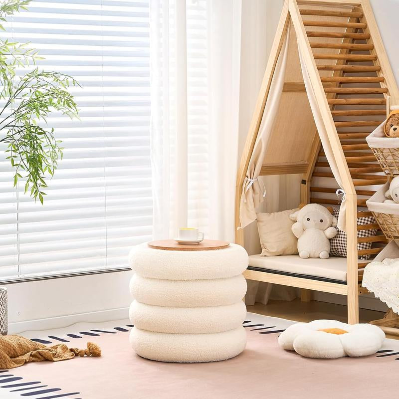 18In round Storage Ottoman, Modern Sherpa Footstool, Teddy Vanity Stool with Flip-Top Tray, Makeup Chair for Home Decor, Upholstered Footrest for Living Room & Bedroom