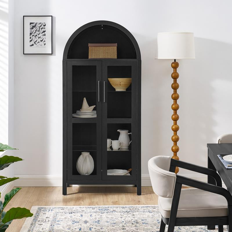 Niccae a High Arched Storage Cabinet with a Lamp, a Modern Retro-Style Wooden Storage Cabinet with Adjustable Glass Partitions, Suitable for Use as a Multi-Functional Cabinet in Kitchens-Black