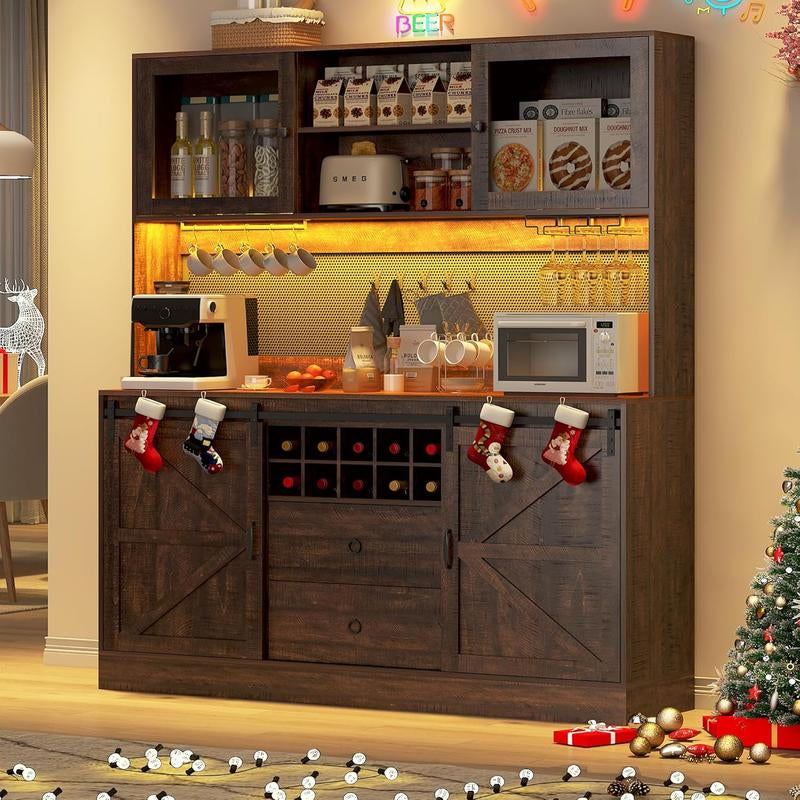 74" Farmhouse Kitchen Pantry Storage Cabinet with LED Light & Charging Station, 63" W Coffee Bar Cabinet Kitchen Cupboard with Hutch and Sliding Barn Doors, Pegboard