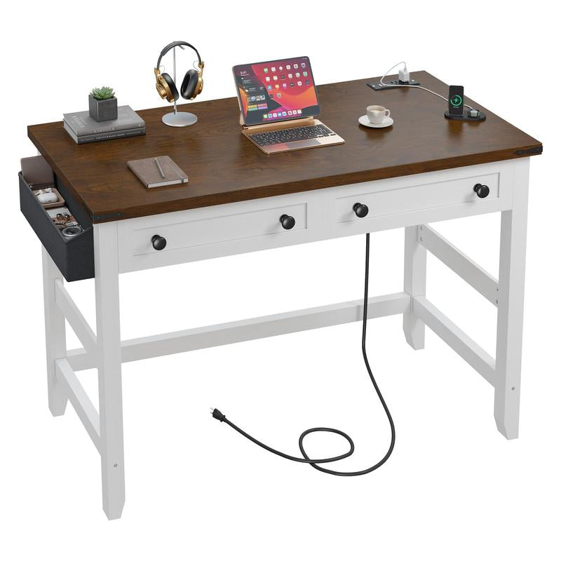 Raybeefurniture Wood Computer Desk, Small Desk with Power Outlet, Home Office Desks, Study Desks with Storage Bag for Bedroom,Home Office Gaming